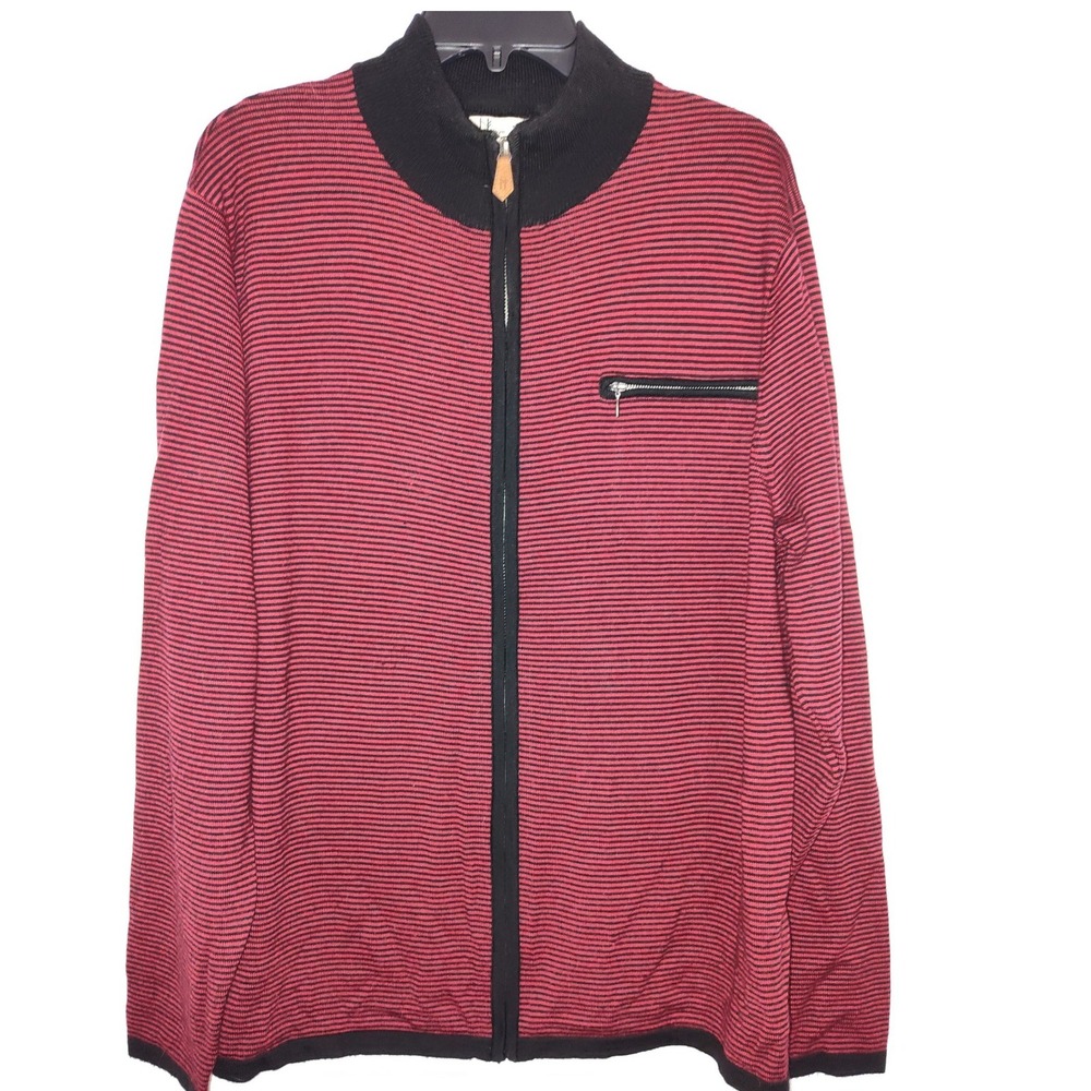 Neve Mens Full Zip Wool Sweater XL Red Black Striped Mock Neck Cardigan Jacket